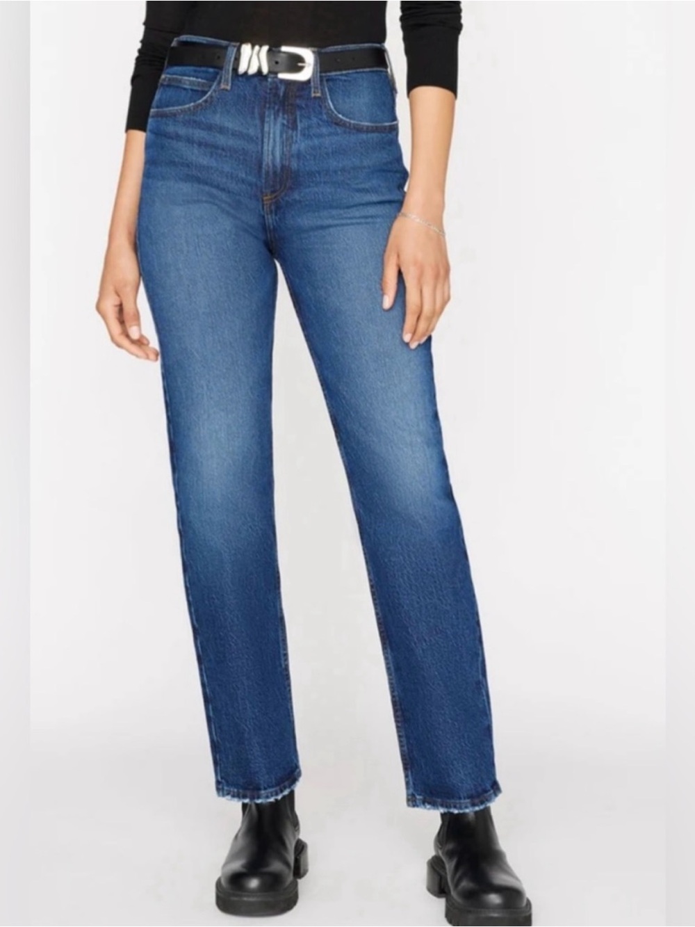 Frame Denim Le High Straight Medium Blue Wash Straight Leg Cowgirl Raw Hem Jeans